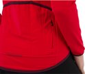 Achterkant van een rood fietsshirt met lange mouwen, met zak met rits.
