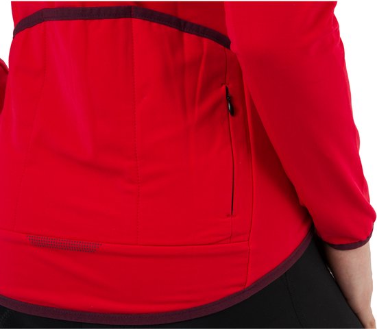 Achterkant van een rood fietsshirt met lange mouwen, met zak met rits.