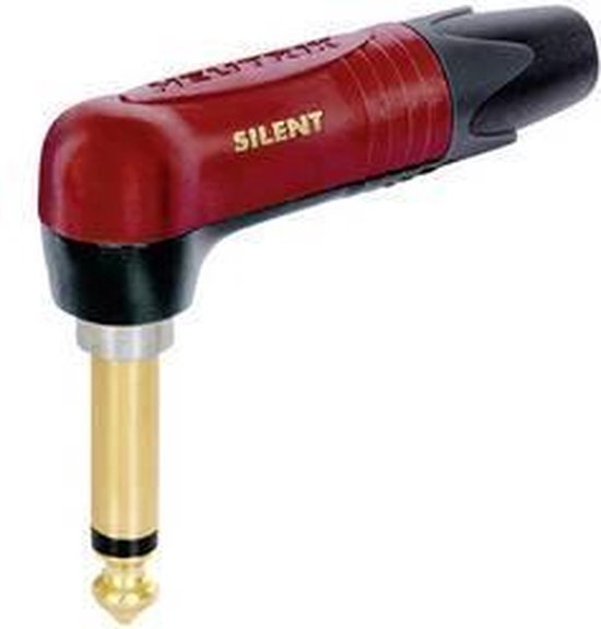 Neutrik SILENT haakse jackplug, rood en zwart, met gouden pin.