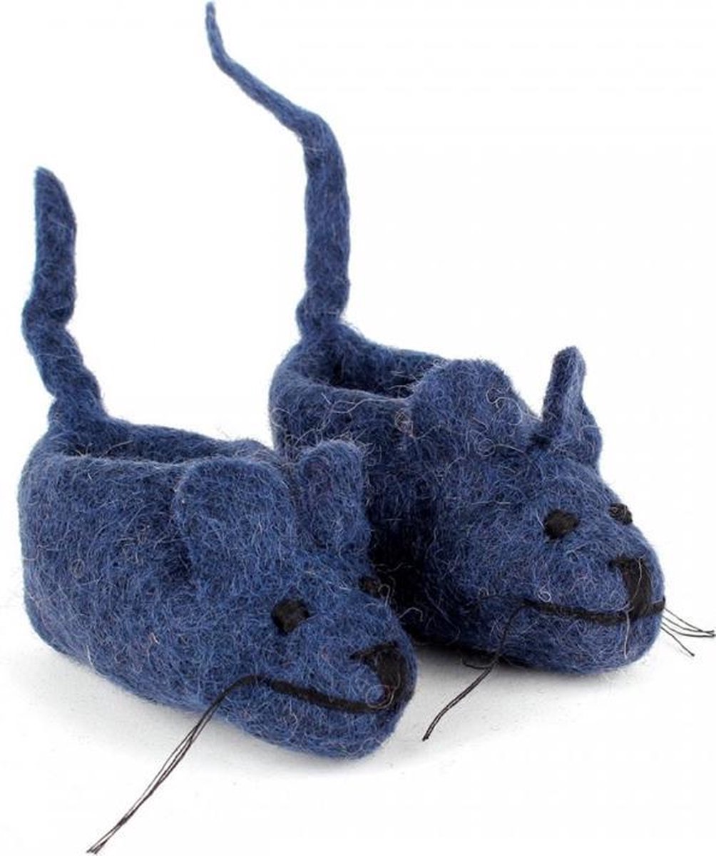 Vilten slofjes muisje met staart donkerblauw