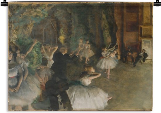 Katoenen wandkleed met een weergave van Edgar Degas' balletrepetitie aan een zwarte ophangroede.