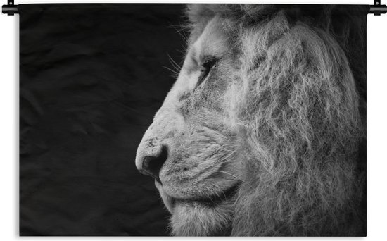 Wandkleed Leeuw - nieuw - Profiel van een leeuw in zwart-wit Wandkleed katoen 120x80 cm - Wandtapijt met foto