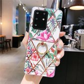 Voor Galaxy S20 Ultra Plating Geometrische Flower Series IMD TPU mobiele telefoonhoes met ring steentjes houder (roze)