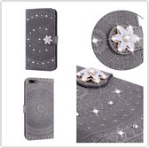 Voor iPhone XR Pressed Printing Sticking Drill Pattern Horizontal Flip PU Leather Case with Holder & Card Slots & Wallet & & Lanyard (Grey)