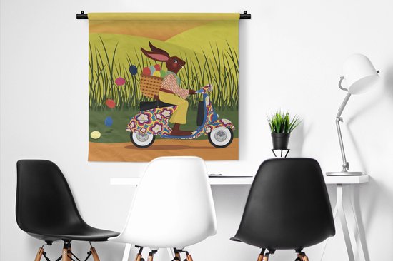 Tapisserie Illustration Vespa - Illustration du lapin de Pâques sur une Vespa Tapisserie coton 90x90 cm - Tapisserie avec photo
