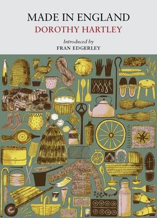 Boek met de titel 'Made in England' met illustraties van diverse landelijke voorwerpen, zoals gereedschap, kleding en manden.