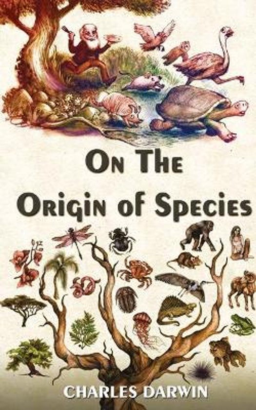 Boek "On the Origin of Species" van Charles Darwin met illustraties van evolutie.