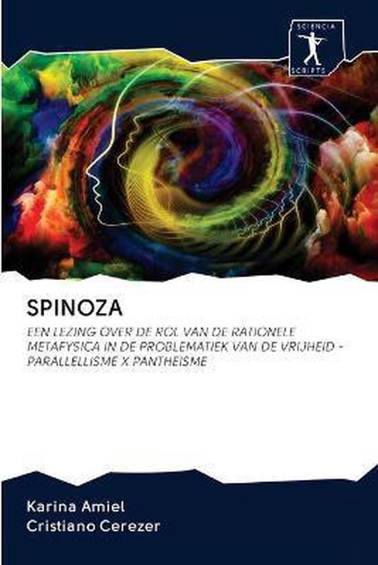 Boekomslag van Spinoza met een abstracte, kleurrijke draaikolk en een profiel van een hoofd.