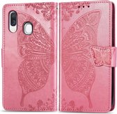 Butterfly Love Flowers Embossing Horizontale Flip Leather Case voor Galaxy A40, met houder & kaartsleuven & portemonnee & lanyard (roze)
