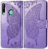 Voor Huawei Y7P Butterfly Love Flower reliÃ«f horizontaal flip lederen tas met beugel / kaartsleuf / portemonnee / lanyard (lichtpaars)