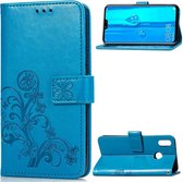 Lucky Clover geperst bloemenpatroon lederen tas voor Huawei Y9 (2019) / Enjoy 9 Plus, met houder & kaartsleuven & portemonnee en handriem (blauw)