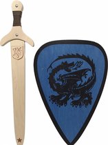 houten zwaard met schede draak en ridderschild blauw met draak kinderzwaard ridder schild