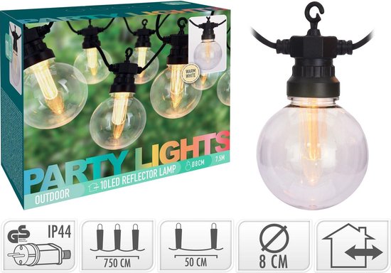 Party Lights - Feestverlichting met 10 reflector lampjes - 100 LED - warm  wit - 7,5 Meter | bol