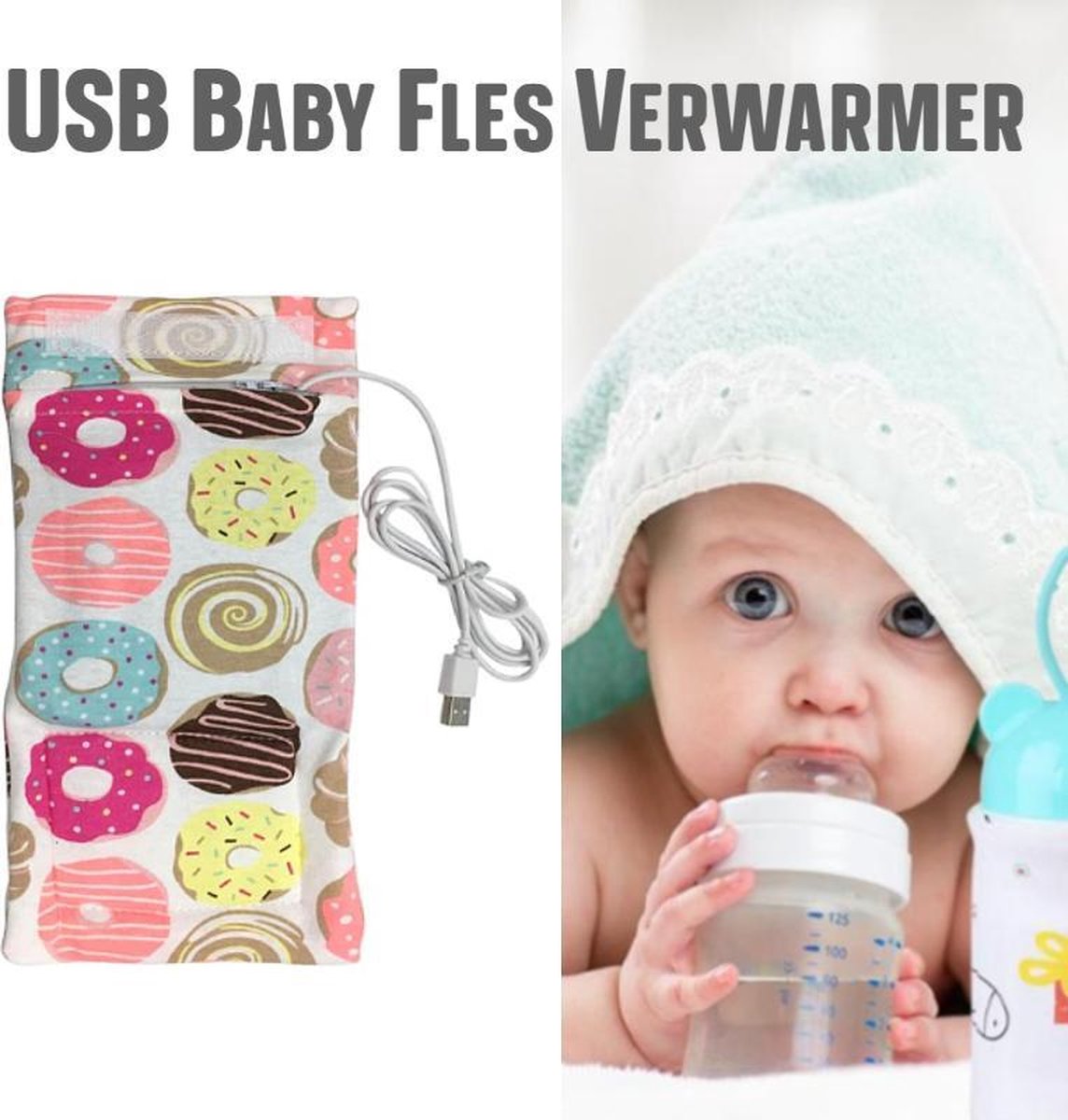 Bol.com Allernieuwste USB Baby Fles Warmer model Donuts - Heater - Reisaccessoire - Draagbaar - Klittenband - Kleur aanbieding