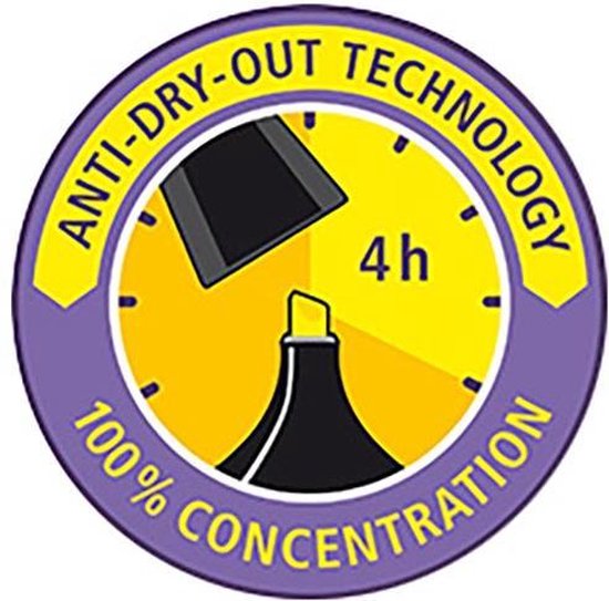 Logo met 'ANTI-DRY-OUT TECHNOLOGY' en '100% CONCENTRATION'. Een gele achtergrond met een uurwerk en een markeerstiftpunt.