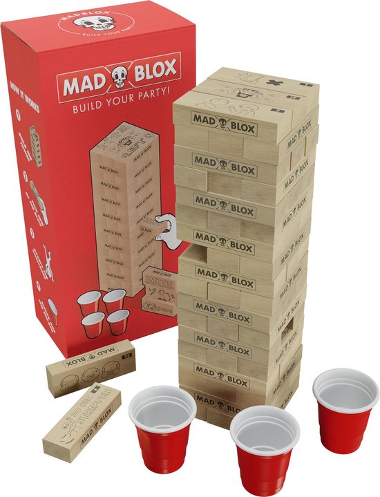 MadBlox - Drankspel – tipsy tower - 108 opdrachten - vallende toren - spelletjes voor volwassenen - truth or dare - drunken tower - 10 shot cups inbegrepen