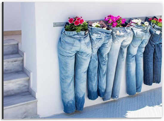 Dibond - Spijkerbroeken als Plantenbak - 40x30cm Foto op Aluminium (Wanddecoratie van metaal)