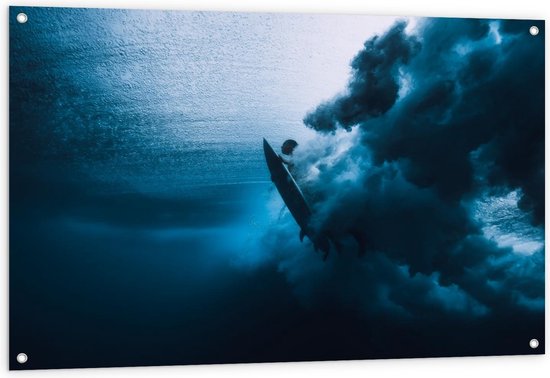 Tuinposter – Surfer met Surfplank onder Water - 120x80cm Foto op Tuinposter  (wanddecoratie voor buiten en binnen)