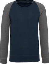 Tweekleurige herensweater BIO ronde hals raglanmouwen Donker Blauw / Grijs Maat XL