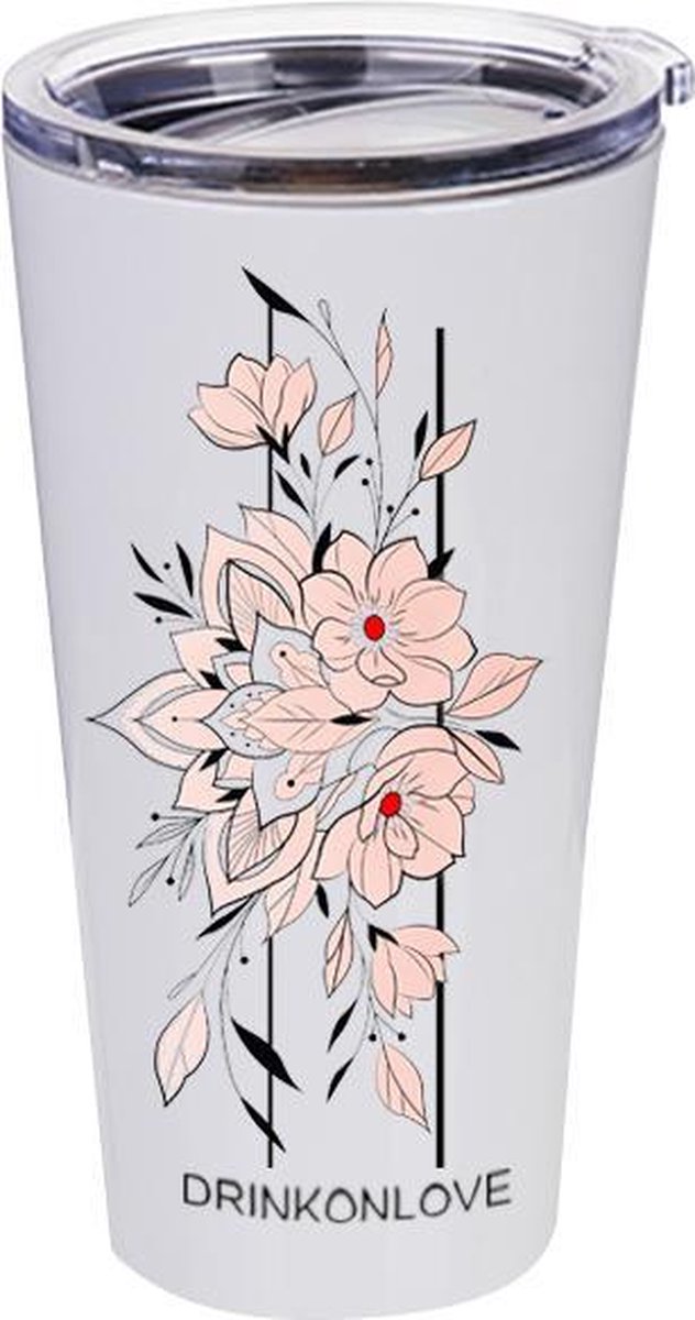 DRINKONLOVE - LILY AND ROSE PINK - Drinkbeker met rietje - RVS - Mat wit/ Roze bloemen - 480 ml
