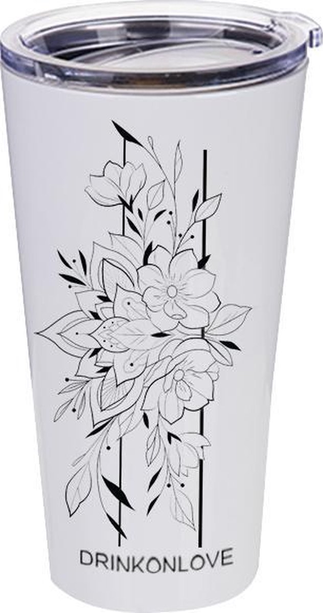 DRINKONLOVE - LILY AND ROSE - Drinkbeker met rietje - RVS - mat wit/bloemen - 480ml
