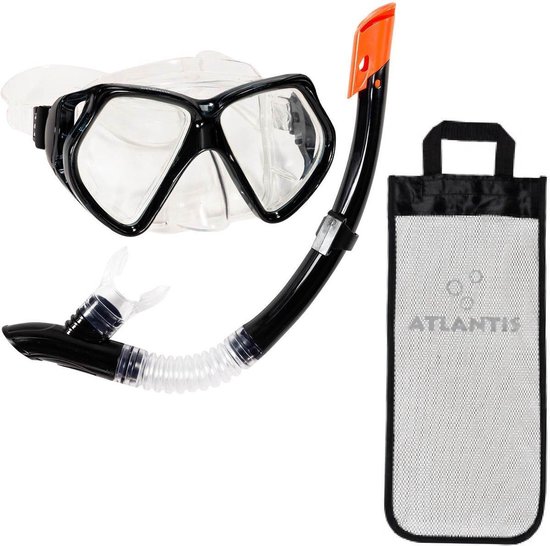 Compleet snorkelset in het zwart met oranje accent en mesh draagtas.