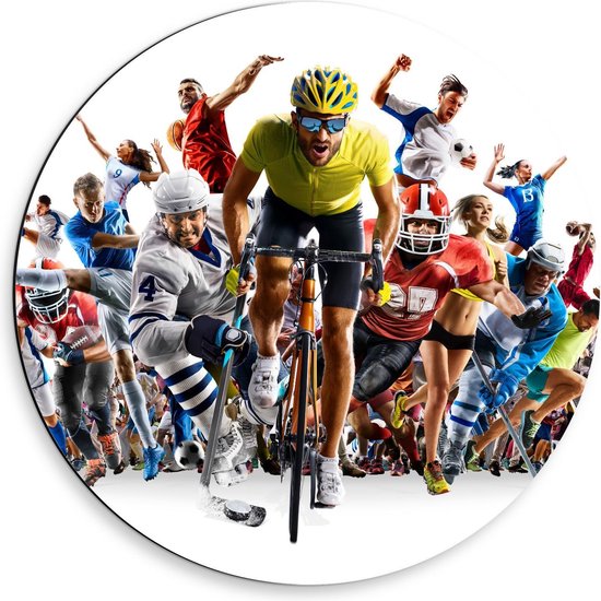 Dibond Wandcirkel - Collage van Verschillende Sporten - 50x50cm Foto op Aluminium Wandcirkel (met ophangsysteem)