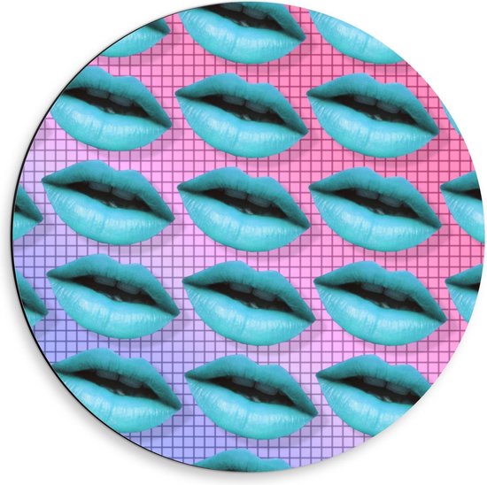 Dibond Wandcirkel - Patroon van Blauwkleurige Lippen - 50x50cm Foto op Aluminium Wandcirkel (met ophangsysteem)