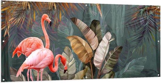 Tuinposter – Foto van Flamingo's tussen de Bladeren - 200x100cm Foto op Tuinposter  (wanddecoratie voor buiten en binnen)