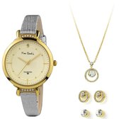 Pierre Cardin Dames vrouw Cadeau Set Horloge & Ketting & Oorbellen in grijs en goud kleur PCDX7927L6
