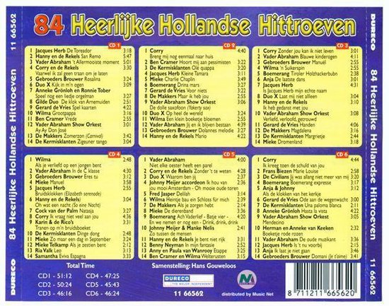 Achterkant van de '84 Heerlijke Hollandse Hittroeven' CD-box met tracklijsten per CD. DURECO logo.