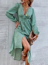 MKL - Dames zomerjurk - Boho Vrolijke Bloemetjes Jurk Knoop - Franse Mode Vrouwen Groene Bloemen Print Jurk V-hals Vintage Lange Mouw Dames Midi Jurk Maat S