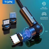 TOPK Magnetische oplaadkabel – 3 in 1 led kabel - Magnetic charger 2m – Micro-USB – USB-C – 8-Pins – 540 graden rotatie – Zwart – gewoven met nylon – 2.4 Ampère