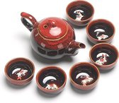 Chinese thee set - Theepot met 6 kleine kopjes - Koi Karpers design - rood