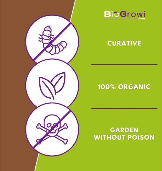 Iconen: verboden symbool op rups, bladeren, doodskop. Tekst: "CURATIVE", "100% ORGANIC", "GARDEN WITHOUT POISON".
