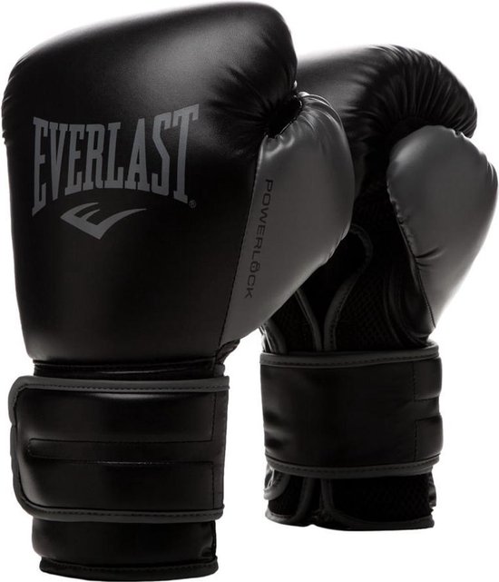 Zwarte Everlast bokshandschoenen met "POWERLOCK" opdruk, met grijze details.