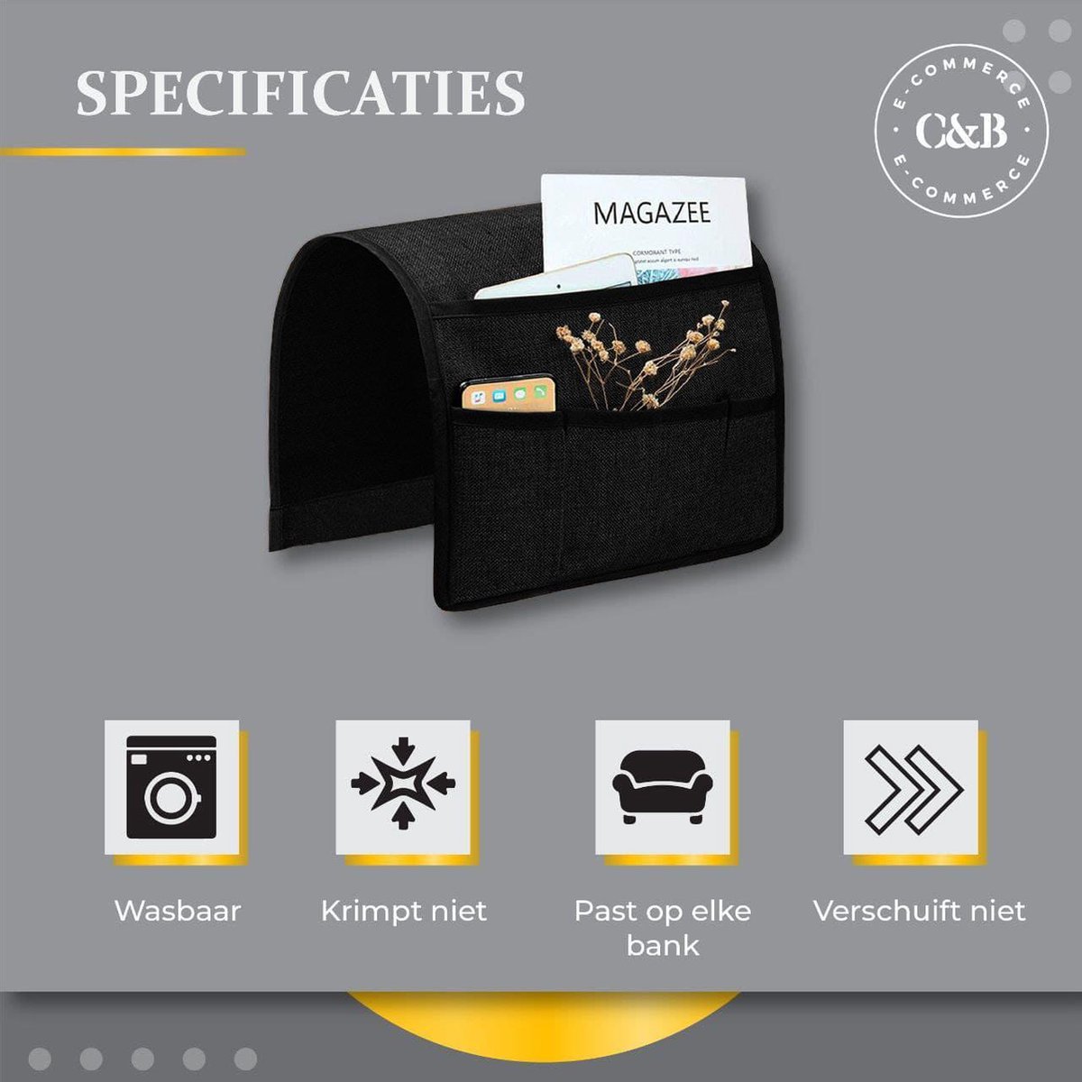 mikamax Bankbar voor armleuning, caddy en organizer voor het opbergen van dranken, snacks en afstandsbediening, zwart
