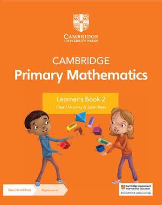 Boek met de titel Cambridge Primary Mathematics Learner's Book 2 in het Nederlands, met illustraties van twee kinderen die met blokken spelen.