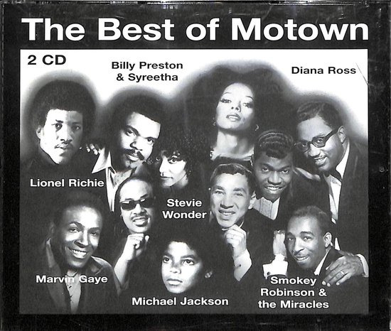 Collage van artiesten van 'The Best of Motown': Marvin Gaye, Michael Jackson, Lionel Richie, Stevie Wonder, Diana Ross, Smokey Robinson & The Miracles, Billy Preston & Syreetha.