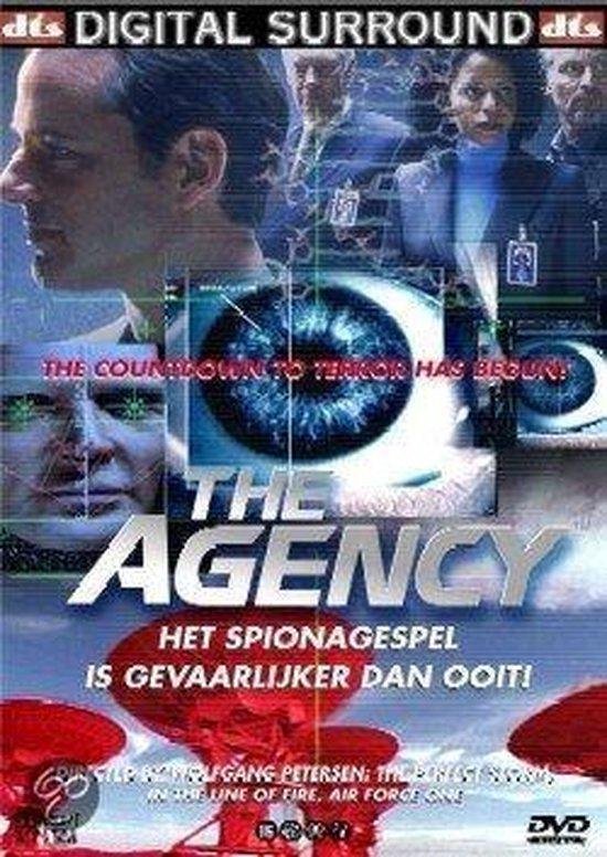 DVD cover voor 'The Agency'. Het spionagespel is gevaarlijker dan ooit! Met een oog centraal in het beeld, 'DIGITAL SURROUND' bovenaan.