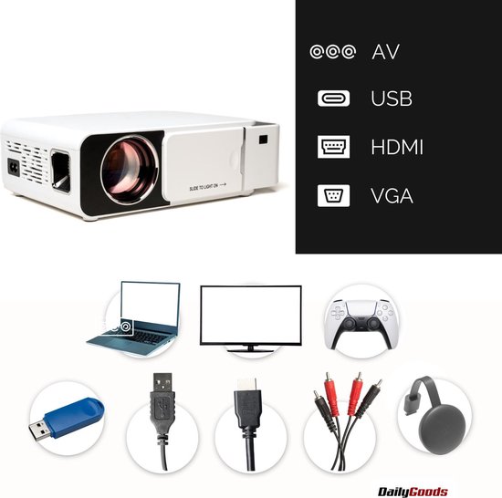 Mini Beamer - Input tot Full HD - Projector met 3500 Lumen - Geschikt voor Buitengebruik - AV, USB, HDM & VGA Ingang - met Ingebouwde Speaker - Dailygoods