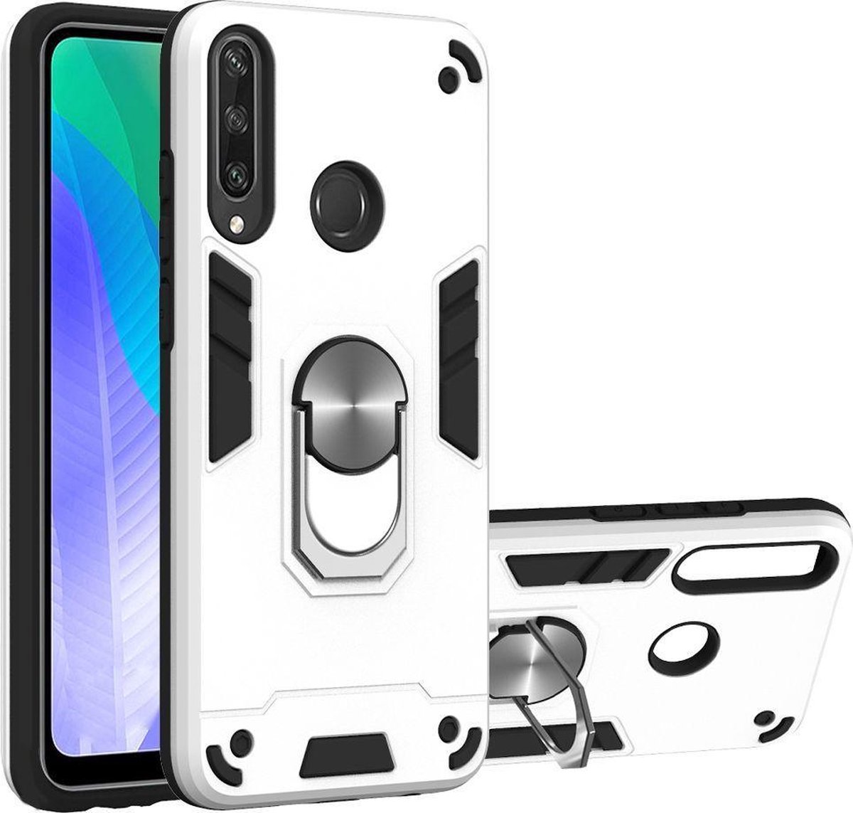 Mobigear Hoesje geschikt voor Huawei Y6p Telefoonhoesje Hardcase | Mobigear Armor Ring Backcover Shockproof met Ringhouder | Schokbestendig Y6p Telefoonhoesje | Anti Shock Proof - Zilver