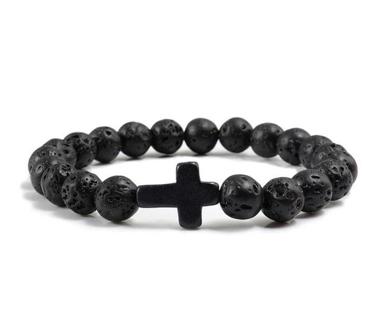 Kruis armband heren - Jezus - Christelijk - bijbel kralen - Lavasteen zwart  - 20 cm | bol.com