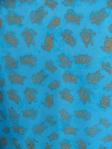 Hamamdoek, pareo, sarong schildpad lengte 115 cm breedte 165 kleuren turquoise bruin oranje vlekken patroon versierd met franjes.