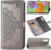 Telefoonhoesje voor Samsung Galaxy A21s | Hoogwaardig PU Leren Bookcase | Lederen Wallet Case | Pasjeshouder | Portemonnee | Mandala Patroon | Grijs