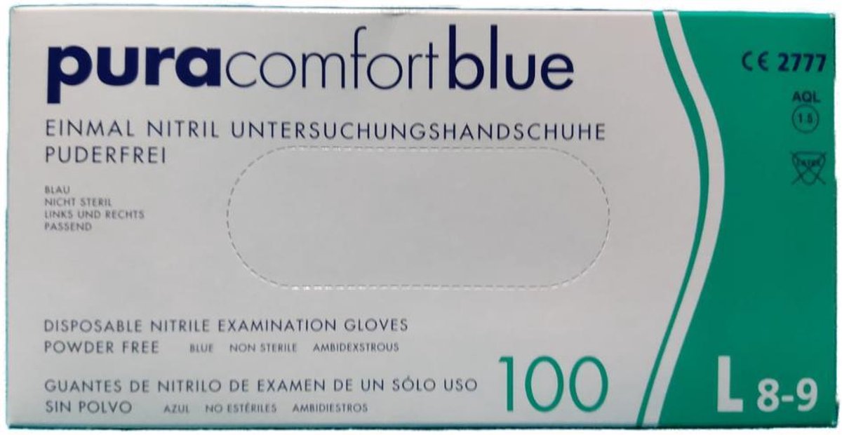 Puracomfort Wegwerphandschoenen Nitrile - Maat L 8-9 - 100 stuks - Poedervrij - Blauw