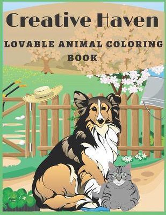 Kleurboek met de titel 'Creative Haven Lovable Animal Coloring Book'. Een hond en een kat zitten voor een houten hek.