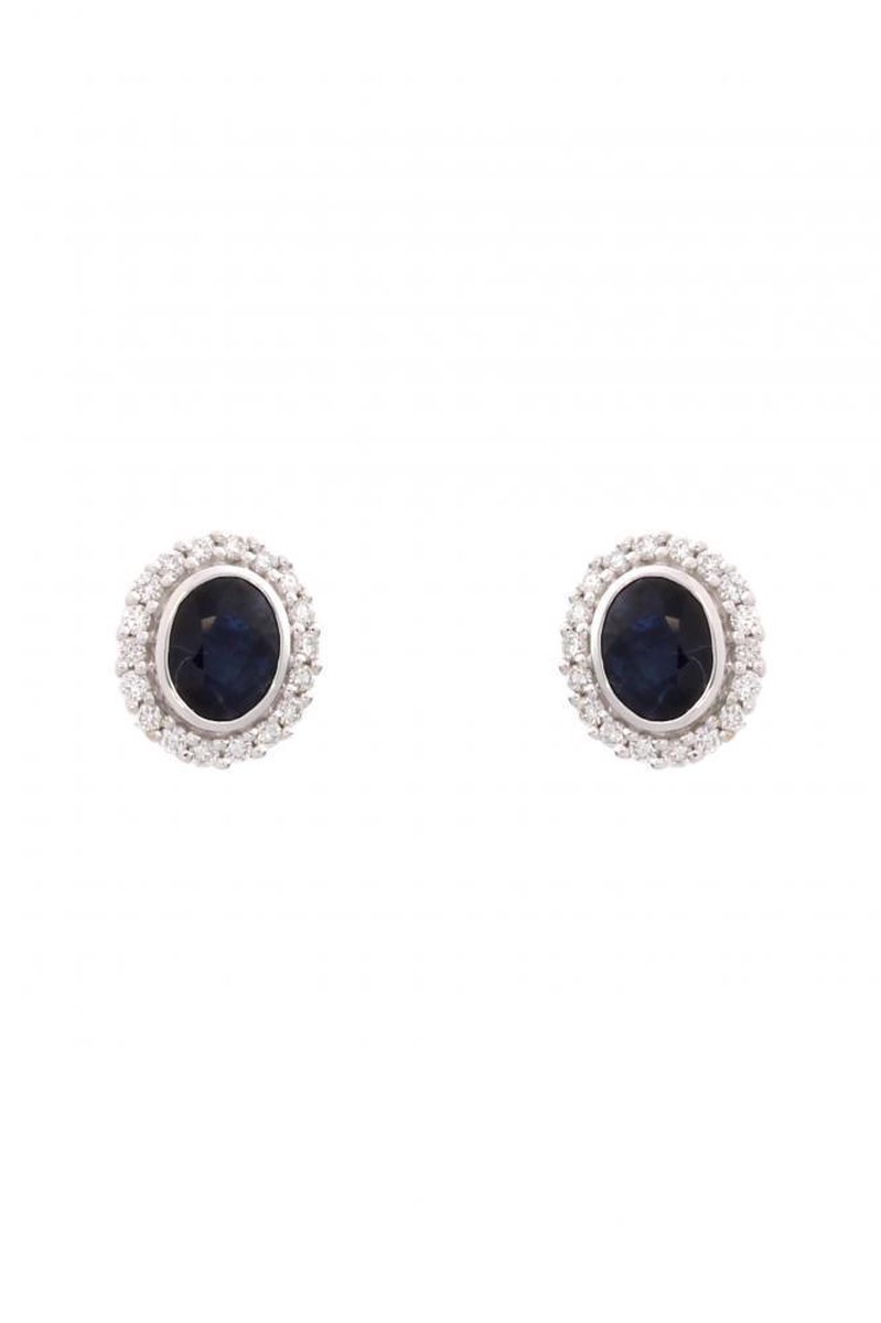 Verlinden Diamond Collections - 14 krt witgouden oorknoppen - met 0.17 crt diamant en blauwe saffier
