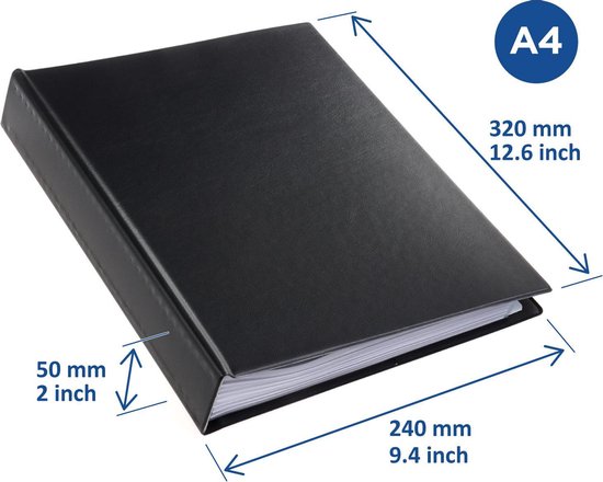 Zwarte A4 showmap met afmetingen 320 x 240 x 50 mm, diepte 12.6 x 9.4 x 2 inch.