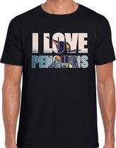 Tekst shirt I love penguins met dieren foto van een pinguin zwart voor heren - cadeau t-shirt pinguins liefhebber M
